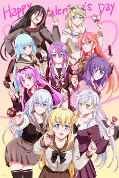 Rule 34 | 6+girls, agnes claudel, ahoge, black hair, blonde hair, blue eyes, blunt bangs, blush, bob cut, bow, bowtie, breasts, candy, closed mouth, collarbone, crossed bangs, curtained hair, double-parted bangs, eiyuu densetsu, elaine auclair, emilia harling, english text, fie claussell, floating hair, food, gradient background, green eyes, hair between eyes, hair bow, hair ornament, hair ribbon, hair rings, hairband, happy valentine, heart, heart-shaped food, heart-shaped lollipop, highres, hime cut, holding, holding candy, holding food, holding lollipop, jorda eldarion, judith lanster, kuro no kiseki (series), large breasts, lollipop, long hair, looking at viewer, medium breasts, multicolored hair, multiple girls, neckerchief, offering food, open mouth, parted bangs, pink hair, purple eyes, purple hair, red hair, renne (eiyuu densetsu), ribbon, risette twinings, rixia mao, school uniform, serafuku, shaped lollipop, shizuna rem misurugi, sidelocks, simple background, small breasts, smile, streaked hair, upper body, valentine, white hair, xiacheng tatsuya, yellow eyes