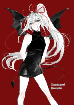 1boy :d ahoge alternate_costume arms_behind_back asacobeat bare_shoulders black_dress blush commentary_request crossdressing crossdressing_(mtf) demon_boy demon_horns demon_tail demon_wings dress fang hair_ribbon horns limited_palette long_hair looking_at_viewer male_focus modao_zushi open_mouth ponytail red_background red_eyes red_ribbon ribbon short_dress sidelocks simple_background sketch skin_fang sleeveless sleeveless_dress smile solo standing tail trap twitter_username very_long_hair wei_wuxian wings