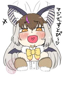 Rule 34 | 1girl, animal ears, bat ears, bat girl, bat wings, blush, brown eyes, brown hair, brown long-eared bat (kemono friends), commentary request, elbow gloves, extra ears, gloves, grey hair, heart, kemono friends, kemono friends v project, kishida shiki, leotard, long hair, looking at viewer, microphone, multicolored hair, simple background, solo, streaked hair, upper body, virtual youtuber, wings