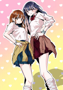 2girls alternate_costume black_hair blue_bow blue_bowtie blue_scrunchie blue_skirt boku_no_kokoro_no_yabai_yatsu bow bowtie bracelet breasts brown_eyes brown_hair clenched_teeth closed_mouth clothes_around_waist commentary_request disgust gradient_background gyaru hand_on_own_hip hand_up heart heart_background highres holding_hands jewelry long_hair looking_at_viewer looking_down loose_socks m2bou multiple_bracelets multiple_girls outline pink_background plaid_clothes plaid_skirt pleated_skirt red_bow red_bowtie red_skirt scrunchie sekine_moeko shirt short_sleeves skirt socks teeth white_outline white_shirt white_socks wrist_scrunchie yamada_anna yellow_background