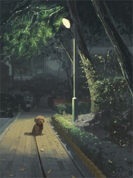 Rule 34 | animal focus, building, bush, car, commentary, dated, dated commentary, dog, english commentary, gugugu703, lamppost, leaf, leash, motor vehicle, neckerchief, night, no humans, original, outdoors, pet walking, red neckerchief, rock, scenery, shadow, tree