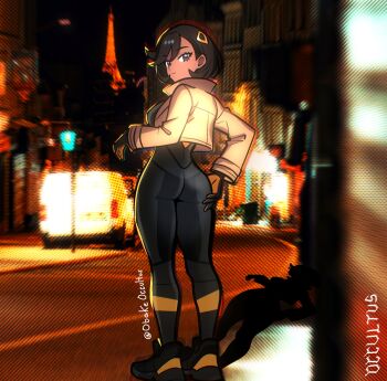 1girl ass ass_focus black_bodysuit black_shoes bodysuit bodysuit_under_clothes brown_hair brown_jacket commentary dark-skinned_female dark_skin emma_(pokemon) english_commentary gloves grabbing_own_ass highres jacket latex latex_bodysuit looking_back multicolored_gloves nintendo obakeoccultus orange_gloves pokemon pokemon_legends:_z-a purple_eyes shoes short_hair tight_clothes two-tone_gloves