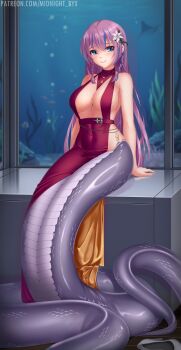 Rule 34 | 1girl, absurdres, blue eyes, blue hair, braid, breasts, cleavage, covered navel, dress, evening gown, flower, gold dress, hair flower, hair ornament, highres, jewelry, lamia, large breasts, long hair, looking at viewer, midnight (banyex), monster girl, multicolored hair, necklace, no panties, original, purple hair, red dress, sideboob, sitting, solo, streaked hair, twin braids, two-sided dress, two-sided fabric, two-tone hair, watermark, web address