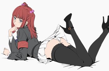 1girl armband ass black_jacket black_thighhighs blue_eyes bow commentary cushion hair_bobbles hair_ornament high_heels highres jacket lace_pantyhose_hooked_on_heel_(meme) long_hair looking_at_viewer lying meme on_stomach red_armband red_hair simple_background skindentation skirt solo the_pose thighhighs thighs toumineko twintails two_side_up umineko_no_naku_koro_ni ushiromiya_ange white_background white_skirt zettai_ryouiki