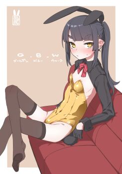 1girl akari_(raigou) animal_ears black_gloves black_hair border bow bowtie closed_mouth couch elf fake_animal_ears fake_tail gloves golden_week highres leotard original playboy_bunny pointy_ears ponytail raigou seal_impression sidelocks solo striped_bow striped_bowtie striped_clothes tail thick_eyebrows thighhighs white_border yellow_eyes yellow_leotard
