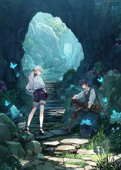 Rule 34 | 1boy, 1girl, bag, black gloves, black vest, blue eyes, blue hair, blue shorts, boots, brown bag, brown boots, bucket, bug, butterfly, cave, collared shirt, commentary request, crystal, ghost, gloves, high heels, highres, insect, long hair, long sleeves, looking at another, open mouth, original, outdoors, plant, ponytail, rock, scenery, shiromine kana, shirt, short ponytail, shorts, signature, smile, stairs, vest, watermark, white hair, white shirt