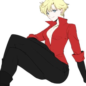 Rule 34 | 1girl, ada wong, ada wong (cosplay), arm support, bishoujo senshi sailor moon, black gloves, black pants, blue eyes, boots, breasts, cleavage, colorized, cosplay, cross, crossed legs, earrings, elbow gloves, female focus, gloves, hiki-wota, jewelry, knee boots, light smile, looking at viewer, necklace, pants, popped collar, red shirt, shirt, short hair, sitting, smile, solo, ten'ou haruka, third-party edit, very short hair