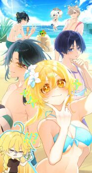 ! !! !? 2girls 5boys aether_(genshin_impact) ajaw_(genshin_impact) animal_ears aqua_bikini arm_tattoo bikini black_hair blonde_hair cat_boy cat_ears chest_tattoo closed_mouth dress flower genshin_impact green_eyes green_hair green_male_swimwear hair_bun hair_flower hair_ornament halo highres hood hoodie jacket kinich_(genshin_impact) kykuma4 lumine_(genshin_impact) lyney_(genshin_impact) male_swimwear multicolored_hair multiple_boys multiple_girls navel neck_tattoo one_eye_closed paimon_(genshin_impact) pink_jacket purple_hoodie scaramouche_(genshin_impact) single_hair_bun smile stomach streaked_hair swimsuit tattoo topless_male twintails v v_over_mouth wanderer_(genshin_impact) white_dress white_hair xiao_(genshin_impact) yellow_eyes