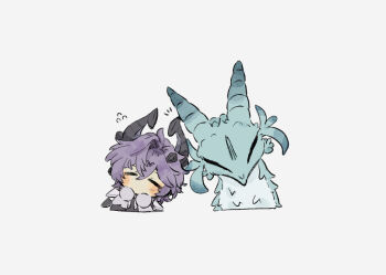 Rule 34 | 1boy, blush stickers, boilmame, chibi, chibi only, closed eyes, commentary request, dragon, dragon boy, dragon horns, dvalin (genshin impact), flying sweatdrops, genshin impact, heads together, horns, male focus, mini durin (genshin impact), mini durin (human) (genshin impact), purple hair, simple background, white background