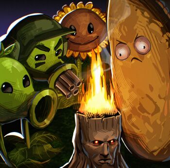 Rule 34 | backlighting, black eyes, black sclera, cheek tattoo, closed mouth, colored sclera, commentary, english commentary, fire, flower, frown, gatling pea (plants vs. zombies), green helmet, half-closed eyes, helmet, highres, leaf, looking at another, looking at viewer, night, no humans, nut (food), on grass, outdoors, painterly, peashooter (plants vs. zombies), plant, plant focus, plants vs. zombies, purple sky, real sixer121, red eyes, sky, smile, solid oval eyes, sunflower, sunflower (plants vs. zombies), tall-nut (plants vs. zombies), tattoo, torchwood (plants vs. zombies), tree stump, v-shaped eyebrows, wall-eyed