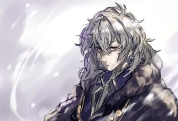 1boy ascot blue_coat bogdanza_l coat expressionless fur_coat hashtag-only_commentary jewelry looking_at_viewer male_focus medium_hair messy_hair red_eyes snow solo tsukihime tsukihime_(remake) vlov_arkhangel