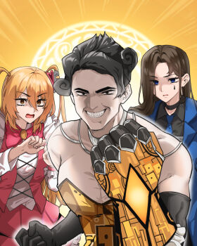 Rule 34 | absurdres, alternate hairstyle, black choker, black eyes, black gloves, black hair, black shirt, blue eyes, blue necktie, bow, bowtie, choker, clenched hand, crossdressing, crossdressing (mtf), don quixote (project moon), e.g.o (project moon), elbow gloves, fighting stance, frilled sleeves, frills, gauntlets, gloves, gold rush (e.g.o), hair between eyes, hair ornament, heart, heart hair ornament, highres, in the name of love and hate (e.g.o), limbus company, lobotomy corporation (identity) (project moon), long hair, male focus, meursault (project moon), muscular, muscular male, necktie, pink bow, pink bowtie, pink skirt, pink vest, project moon, roan green, rodion (project moon), shirt, single gauntlet, skirt, smile, strapless, tattoo, teardrop tattoo, teeth, the sword sharpened with tears (e.g.o), two side up, upper body, vest, yellow eyes