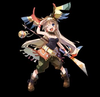 1girl :d bare_shoulders belt black_background blue_eyes blush boots breasts brown_boots brown_hair cleavage earrings fake_head_wings full_body green_shorts hair_between_eyes hand_up head_wings highres holding holding_polearm holding_weapon jewelry large_breasts long_hair merc_storia merc_storia_art_team official_art one_eye_closed open_mouth polearm shorts simple_background smile solo standing strapless tachi-e teeth tina_(merc_storia) tube_top upper_teeth_only very_long_hair weapon wings yellow_belt