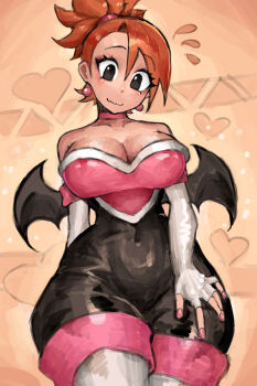 bat_wings bodysuit boots breasts choker collarbone cosplay earrings elbow_gloves fingerless_gloves foster&#039;s_home_for_imaginary_friends frankie_foster gloves hand_on_own_thigh high_ponytail highres jewelry large_breasts long_hair makeup nervous nervous_smile ponytail red_hair rouge_the_bat rouge_the_bat_(cosplay) saiykik sega shy smile sonic_(series) thigh_boots white_boots wings