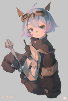 1girl absurdres ahoge armband black_jacket blue_eyes borrowed_character chinese_commentary closed_mouth cropped_torso goggles goggles_on_head grey_background hair_flaps halftone highres holding holding_wrench jacket looking_at_viewer neko_blow original purple_hair short_hair simple_background sleeves_past_wrists strap sweatdrop walkie-talkie wrench