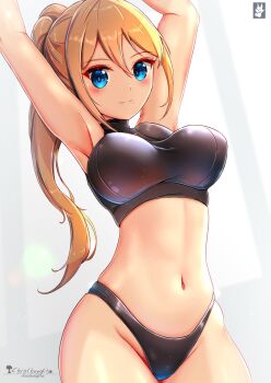 1girl blonde_hair breasts chinchongcha groin large_breasts metroid nintendo ponytail samus_aran smile tagme