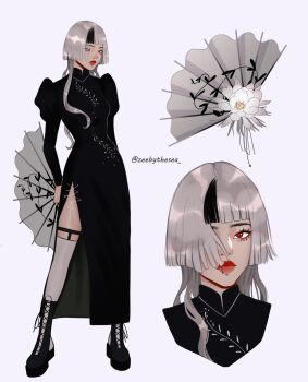 1girl aegyo_sal arms_behind_back asian black_boots black_dress black_hair bob_cut boots china_dress chinese_clothes dress eyelashes face_piercing fashion floating_hair flower hair_over_breasts hair_over_one_breast hair_over_one_eye hand_fan highres holding holding_fan jellyfish_cut juliet_sleeves kira_(zeebythesea) leaf_print lip_piercing long_dress long_hair long_sleeves lotus mandarin_collar multicolored_hair original piercing portrait puffy_sleeves red_eyes reference_sheet ring_piercing side_slit streaked_hair thick_eyebrows thick_lips thigh_strap thighhighs twitter_username two-tone_hair wavy_ends white_background white_hair white_thighhighs zeebythesea
