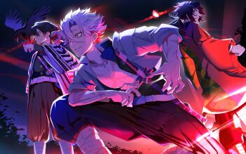 3boys absurdres bandages_over_mouth belt bird black_hair black_jacket black_pants buttons crow gold_buttons grey_hair haori high_collar highres iguro_obanai jacket japanese_clothes katana kikkoumon kimetsu_no_yaiba long_hair male_focus multiple_boys open_clothes open_jacket osc611 pants profile red_haori shinazugawa_sanemi smirk snake standing sword teeth tomioka_giyuu weapon white_belt