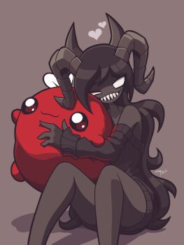 1girl baby_plum_(the_binding_of_isaac) bare_shoulders black_hair black_skin character_doll colored_skin commentary demon_girl doll english_commentary feet_out_of_frame heart horns long_hair looking_at_viewer not_your_sagittarius signature simple_background siren_(the_binding_of_isaac) sitting stuffed_toy the_binding_of_isaac