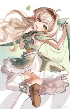 Rule 34 | :d, ahoge, blonde hair, bow, brown shoes, cape, commentary, dress, english commentary, frilled dress, frills, green bow, green cape, green dress, green eyes, hair intakes, hair ornament, hairband, hand to own mouth, hand up, heart, highres, hisui hotaru, light blush, long hair, mary janes, open mouth, pointy ears, shoes, simple background, sleeveless, sleeveless dress, smile, sobbi11, takara live, teeth, thighhighs, thighs, upper teeth only, very long hair, virtual youtuber, white background, white thighhighs