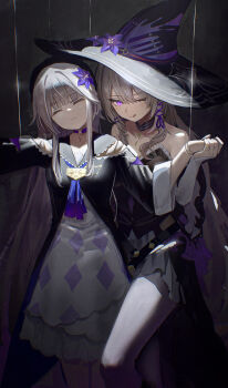 2girls :q ;q absurdres bare_shoulders black_dress black_hat black_jacket black_pantyhose blunt_bangs breasts choker closed_eyes closed_mouth commentary doll_joints dress dual_persona flower hair_flower hair_ornament hand_grab hat hat_flower herta_(honkai:_star_rail) herta_(puppet)_(honkai:_star_rail) hidulume highres honkai:_star_rail honkai_(series) jacket jewelry joints key key_necklace long_hair looking_at_viewer multiple_girls necklace one_eye_closed pantyhose puppet_strings purple_choker purple_eyes purple_flower revision small_breasts smile the_herta_(honkai:_star_rail) tongue tongue_out very_long_hair white_dress white_hair witch_hat