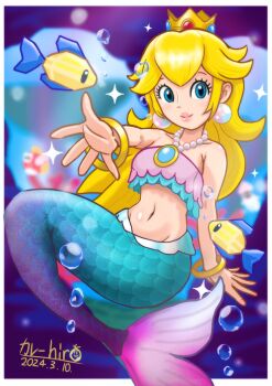 1girl air_bubble alternate_costume artist_name ballhuman bandeau bikini bikini_top_only blonde_hair blue_bikini blue_eyes bracelet brooch bubble cheep_cheep commentary_request earrings fins fish fish_tail gold_bracelet halterneck highres jewelry layered_bikini long_hair mario_(series) mermaid mermaid_peach monster_girl navel necklace nintendo official_alternate_costume pearl_earrings pearl_necklace pink_bikini princess_peach princess_peach:_showtime! solo sphere_earrings submerged swimsuit tail underwater