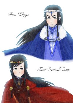 2boys black_hair blue_cloak circlet cloak closed_mouth elf english_text fingolfin floating_cape floating_clothes floating_hair gem jewelry king long_hair looking_at_viewer maglor male_focus multiple_boys pointy_ears pujojoi red_cloak sidelocks simple_background source_request the_silmarillion tolkien's_legendarium uncle_and_nephew white_background