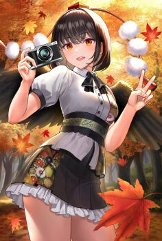 1girl :d autumn autumn_leaves bird_wings black_hair black_ribbon black_skirt black_wings blush breasts brown_eyes buttons camera collared_shirt commentary_request contrapposto cowboy_shot day dress_shirt falling_leaves feathered_wings fingernails forest frilled_skirt frills gradient_eyes hair_between_eyes hair_intakes hat highres holding holding_camera leaf leaf_print looking_at_viewer maple_leaf multicolored_eyes nature neck_ribbon open_mouth orange_eyes outdoors pleated_skirt pom_pom_(clothes) puffy_short_sleeves puffy_sleeves red_hat ribbon sash shameimaru_aya shirt short_sleeves skirt smile solo standing tokin_hat touhou tree uemura_shun v white_shirt wing_collar wings