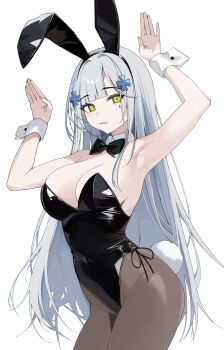 1girl absurdres alternate_costume animal_ear_hairband animal_ears armpits black_bow black_bowtie black_leotard black_pantyhose bow bowtie breasts cleavage cowboy_shot cross_hair_ornament detached_collar fake_animal_ears fake_tail girls&#039;_frontline green_eyes grey_hair hair_ornament hairband hashtag-only_commentary highres hk416_(girls&#039;_frontline) leotard long_hair looking_at_viewer mole mole_on_armpit pantyhose parted_lips playboy_bunny rabbit_ears rabbit_pose rabbit_tail side-tie_leotard simple_background solo strapless strapless_leotard tail tattoo teardrop_facial_mark teardrop_tattoo tptkdtkakftp white_background white_wrist_cuffs wrist_cuffs