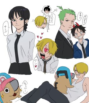 1girl blonde_hair chainsaw_man collared_shirt commentary_request cosplay crossover curly_eyebrows denji_(chainsaw_man) denji_(chainsaw_man)_(cosplay) facial_hair feichangkou formal_clothes goatee hair_over_one_eye hayakawa_aki hayakawa_aki_(cosplay) heart heart-shaped_pupils highres makima_(chainsaw_man) makima_(chainsaw_man)_(cosplay) monkey_d._luffy multiple_boys mustache_stubble necktie nico_robin one_piece pochita_(chainsaw_man) pochita_(chainsaw_man)_(cosplay) power_(chainsaw_man) power_(chainsaw_man)_(cosplay) roronoa_zoro sanji_(one_piece) shirt stubble symbol-shaped_pupils tony_tony_chopper translation_request