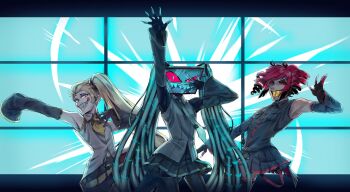 Rule 34 | 3boys, akita neru, akita neru (cosplay), alastor (hazbin hotel), alastor horn, antenna hair, antlers, aqua eyes, aqua hair, aqua necktie, bare shoulders, black shirt, black skirt, black sleeves, blonde hair, blue eyes, blue hair, blue teeth, circle facial mark, colored sclera, colored teeth, commentary, cosplay, deer antlers, deer boy, demon boy, detached sleeves, drill hair, evil grin, evil smile, facial mark, grey shirt, grin, hair slicked back, hatsune miku, hatsune miku (cosplay), hazbin hotel, hellaverse, highres, horns, kasane teto, kasane teto (cosplay), kasane teto (utau), long hair, looking at viewer, lucifer morningstar (hazbin hotel), multiple boys, necktie, object head, red eyes, red hair, red sclera, red trim, sharp teeth, shirt, side ponytail, skirt, sleeveless, sleeveless shirt, smile, untranslatable commentary, teeth, television, triple baka (vocaloid), twin drills, twintails, utau, very long hair, vocaloid, vox (hazbin hotel), wall panel, yellow eyes, yellow necktie, yellow sclera, yellow teeth, yellow trim