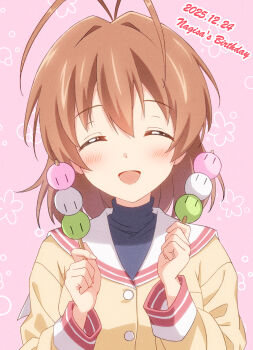 1girl 2025 :d ^_^ absurdres antenna_hair asaba_touka birthday blue_shirt blush character_name clannad closed_eyes commentary_request dango dango_daikazoku dated dual_wielding facing_viewer film_grain food furukawa_nagisa hair_between_eyes hands_up happy highres hikarizaka_private_high_school_uniform holding holding_food jacket long_sleeves looking_at_viewer medium_hair mitarashi_dango open_mouth pink_background sailor_collar school_uniform serafuku shirt simple_background smile solo turtleneck turtleneck_shirt upper_body wagashi white_sailor_collar yellow_jacket |_|