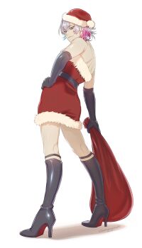 1boy back bare_shoulders black_gloves blue_hair boots commentary crossdressing crossdressing_(mtf) darkgreyclouds dress elbow_gloves english_commentary full_body gavis_bettel gloves grey_hair hair_between_eyes hand_on_own_hip hat heterochromia high_heel_boots high_heels highres holding holding_sack holostars holostars_english knee_boots male_focus multicolored_hair pink_eyes pink_hair red_dress sack santa_costume santa_hat shadow smile solo standing trap virtual_youtuber white_background