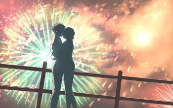 1boy 1girl aerial_fireworks blonde_hair chainsaw_man commentary_request denji_(chainsaw_man) dress_shirt feet_out_of_frame fireworks hetero highres imzen kiss outdoors railing reze_(chainsaw_man) scene_reference shirt silhouette white_shirt