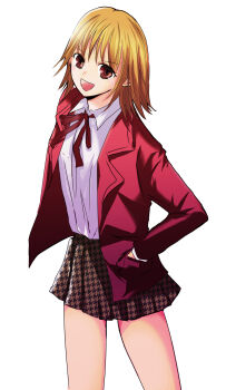 1boy blazer blonde_hair brown_eyes crossdressing crossdressing_(mtf) fu_(193197) hand_in_pocket highres jacket looking_at_viewer looking_up male_focus open_mouth pretty_face randou_masashi red_ribbon ribbon school_uniform short_hair skirt smile solo trap