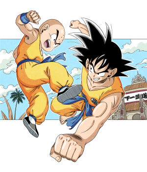 Rule 34 | 2boys, absurdres, alternate universe, bald, barefoot, battle, black hair, blue sash, border, commentary request, dougi, dragon ball, dragon ball (classic), facial mark, forehead mark, full body, highres, kuririn, male focus, medium hair, mikidai7, multiple boys, muscular, muscular male, orange pants, orange shirt, outdoors, pants, sash, shirt, son goku, spiked hair, white border