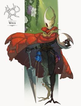 1girl absurdres airisa0 arthropod_girl arthropod_limbs boomerang border cloak crest_(hollow_knight) flower green_background highres hollow_knight hollow_knight:_silksong hornet_(hollow_knight) looking_at_viewer mirror needle needle_(hollow_knight) needle_sword plant_roots prosthesis prosthetic_leg red_cloak solo string syringe throwing_needles torn_clothes white_border white_mask