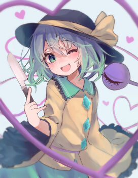 1girl \m/ ameshi_(rzuw4482) black_hat blue_background blush buttons collared_shirt commentary_request diamond_button eyeball frilled_shirt_collar frilled_sleeves frills green_eyes green_hair green_skirt hair_between_eyes hand_up hat hat_ribbon head_tilt heart heart_of_string highres koishi_day komeiji_koishi long_sleeves looking_at_viewer one_eye_closed open_mouth revision ribbon shirt simple_background skirt smile solo symbol-shaped_pupils third_eye touhou wide_sleeves yellow_ribbon yellow_shirt