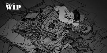 1boy arm_pillow black_hair book closed_eyes commentary curled_up dalchi09 full_body greyscale kim_dokja lying male_focus monochrome oldest_dream omniscient_reader's_viewpoint on_side open_book oversized_object parted_lips pile_of_books short_hair solo_focus symbol-only_commentary yoo_joonghyuk