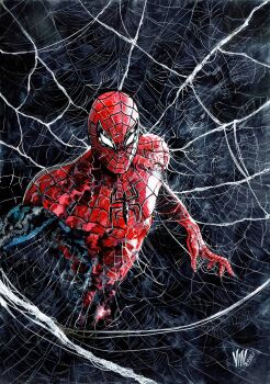 1boy abstract_background alternate_color animal_print artist_name black_background black_bodysuit bodysuit highres marvel mask mixed_media multicolored_bodysuit nib_pen_(medium) pen_(medium) peter_parker print_bodysuit red_bodysuit red_mask signature silk solo spider-man spider-man_(series) spider_print spider_web spider_web_background spider_web_pattern spider_web_print superhero_costume traditional_media two-tone_bodysuit vinartwork western_comics_(style)