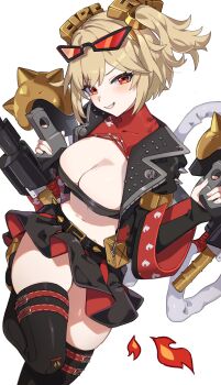 Rule 34 | 1girl, absurdres, awe (adorableduckyy), belt, black-framed eyewear, black belt, black jacket, black skirt, black tube top, blonde hair, boots, breasts, burnice white, cleavage, collar, covered collarbone, dual wielding, eyewear on head, flamethrower, grin, highres, holding, holding flamethrower, holding weapon, jacket, large breasts, midriff, miniskirt, navel, open clothes, open jacket, orange eyes, parted lips, red-tinted eyewear, red collar, short hair, sidelocks, simple background, skindentation, skirt, smile, solo, stomach, strapless, sunglasses, thigh boots, thighhighs, thighs, tinted eyewear, tube top, white background, zenless zone zero, zettai ryouiki
