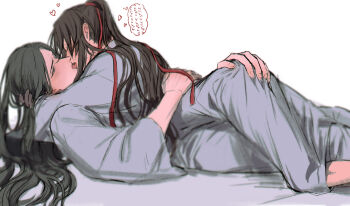2boys actcat3 alternate_costume ass barefoot bathrobe black_hair blush brown_hair chinese_clothes closed_eyes couple french_kiss grabbing_another&#039;s_ass groping hair_ribbon half-closed_eyes hand_on_another&#039;s_ass hanfu heart highres hug kiss lan_wangji long_hair looking_at_another lying lying_on_person male_focus modao_zushi multiple_boys on_back on_bed on_stomach open_mouth ponytail profile red_ribbon ribbon robe sidelocks speech_bubble thought_bubble tongue tongue_out wei_wuxian white_background white_robe wide_sleeves yaoi