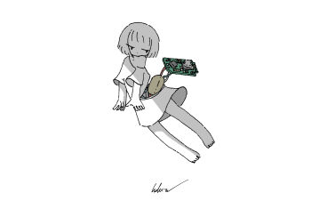 Rule 34 | 1girl, absurdres, barefoot, circuit board, commentary, full body, greyscale, highres, kaduise, monochrome, no pants, original, oversized clothes, oversized shirt, shirt, short hair, short sleeves, signature, simple background, solo, spot color, white background