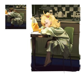 1girl absurdres alternate_costume arm_rest blonde_hair blush brown_pantyhose chair coat commentary cup drinking_glass earrings from_side full_body green_coat green_eyes highres indoors jewelry juice kettle looking_at_viewer no_shoes ohoo_7am on_chair pantyhose piper_wheel real_life_insert reference_inset simple_background sitting solo toes white_background zenless_zone_zero