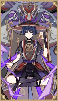 Rule 34 | 1boy, absurdres, arm at side, armor, black bodysuit, black hair, black hat, black leggings, black sandals, black shorts, black sleeves, blunt ends, bodysuit, cable, ce5 ez, choppy bangs, covered collarbone, curled fingers, eyeliner, eyeshadow, frilled sleeves, frills, furisode, genshin impact, gnosis (genshin impact), gold, gold trim, grey veil, hand up, hat, highres, holding, japanese armor, japanese clothes, jewelry, jingasa, juban, kimono, kote, kurokote, layered shorts, layered sleeves, leggings, looking at viewer, lotus position, makeup, male focus, mecha, mitsudomoe (shape), neck ring, o-ring, open clothes, open kimono, purple eyes, purple rope, purple sash, purple shorts, purple sleeves, red eyeliner, red eyeshadow, red hat, red kimono, robot, rope, sandals, sash, scaramouche (genshin impact), scaramouche (shouki no kami) (genshin impact), short sleeves, shorts, single sode, sitting, sketch, smile, straight-on, tomoe (symbol), tsurime, veil, white kimono, white mouth, white rope, zouri