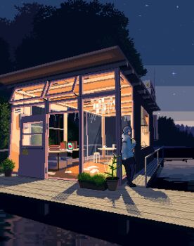 1girl animated animated_gif apo_(rairaru20001) black_pants building cup drinking gradient_sky holding holding_cup leaning lights mug night night_sky original outdoors pants paper pixel_art plant potted_plant railing scarf shadow shooting_star sky solo table tree water white_scarf
