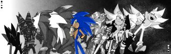 absurdres animal_ears armor arms_behind_back blue_fur closed_mouth commentary dark_sonic darkspine_sonic diamondx1704 excalibur_sonic furry furry_male gloves gradient_background green_eyes hand_on_own_hip hand_up hedgehog_boy highres holding holding_sword holding_weapon hyper_sonic looking_at_viewer male_focus open_mouth smirk sonic_(series) sonic_and_the_black_knight sonic_and_the_secret_rings sonic_frontiers sonic_the_hedgehog sonic_the_werehog sonic_unleashed sonic_x super_sonic super_sonic_2 super_sonic_cyber sword symbol-only_commentary weapon white_gloves