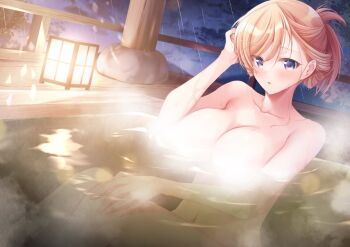 1girl araragi_ayune blonde_hair blue_eyes blush breasts collarbone commentary_request convenient_censoring hand_in_own_hair isshiki-san_wa_koi_wo_shiritai. large_breasts looking_at_viewer navel nude parted_lips partially_submerged rinna_milford solo steam steam_censor water