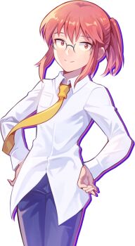 1girl artist_request blue_pants breast_pocket collared_shirt cowboy_shot dress_shirt drop_shadow flat_chest grey-framed_eyewear hands_on_own_hips kobayashi-san_chi_no_maidragon kobayashi_(maidragon) legs_together looking_at_viewer narrow_waist necktie nexon official_art pants pink_eyes pink_hair pocket ponytail second-party_source semi-rimless_eyewear shirt sidelocks simple_background skinny small_pupils smile solo split_mouth tales_weaver transparent_background white_shirt white_sleeves wing_collar yellow_necktie