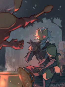 3boys armor blurry bowl colored_skin commentary_request depth_of_field gloves glowing glowing_eyes green_skin highres holding holding_bowl holding_spoon male_focus mizshiro_sss multiple_boys multiple_persona open_mouth outdoors red_eyes short_hair shoulder_armor sitting slay_the_spire slay_the_spire_2 solo_focus spoon sword the_ironclad_(slay_the_spire) tree twitter_username weapon white_hair